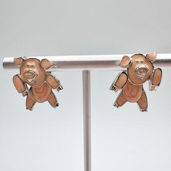 Vintage Edgar Berebi Pink Pig Front To Back Illusion Jacket Earrings Cute Funny - Picture 2 of 11